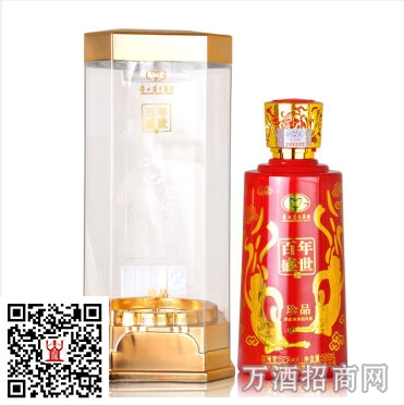 百年盛世酒52°珍品 原 料：水、高粱、小麦