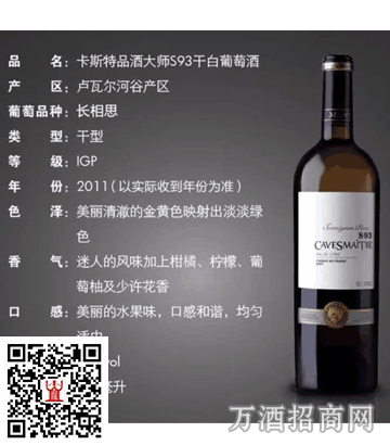 卡斯特 法国原瓶进口 品酒大师S93干白葡萄酒
