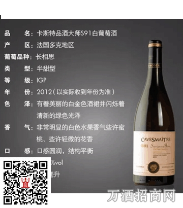 卡斯特 法国原瓶进口 品酒大师S91半甜白葡萄酒 